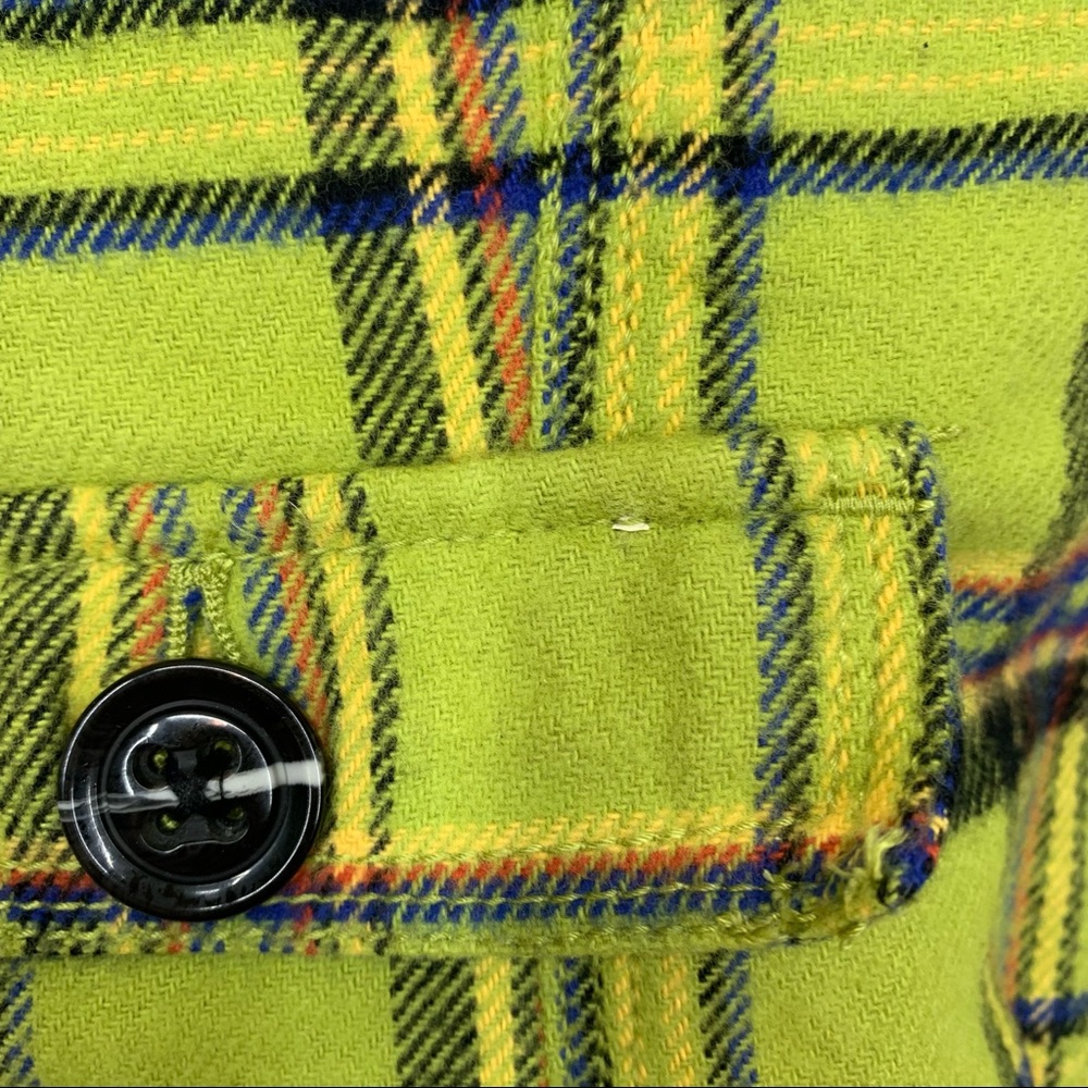 Mossimo Supply Co Retro Lime Green Blue Multi Plaid Full Zip Vest Faux Fur Hood - Picture 8 of 15